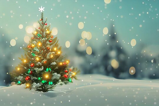 Ai generated digital art of a decorated Christmas tree outside with bokeh in the background