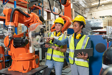 Female automation engineers in safety vest with yellow helmet using laptop for inspection new...