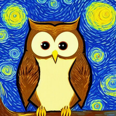 Illustration of an Owl Under a Starry Night Sky