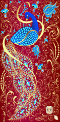 Phone wallpaper illustration background with golden ornament with gems and peacock