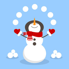 Snowman juggling snowballs. Vector illustration in flat style