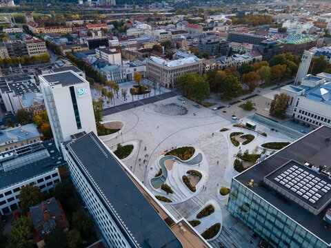 Unity Square in Kaunas City, Lithuania, aerial