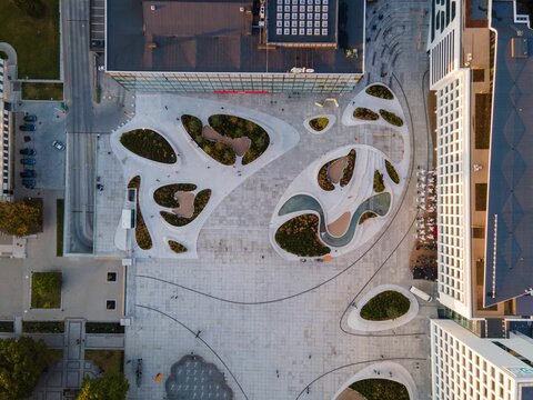 Unity Square in Kaunas City, Lithuania, aerial top view