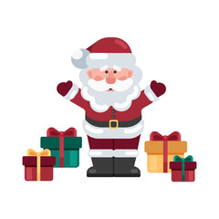 Vector illustration of a cute Santa Claus with gift boxes in a flat style