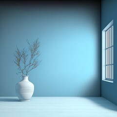 Empty interior background, room with blue wall, vase with branch and window 3d rendering High quality illustration
