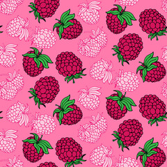 Vector seamless pattern with raspberries. Endless decorative texture for web, textile, summer fashion fabric, greeting card, invitation, packaging