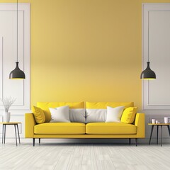 Bright and cozy modern living room interior have sofa and lamp with yellow wall background. 3d rendering High quality illustration