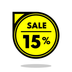 sale 15% off black and yellow circular price stamp with indicator