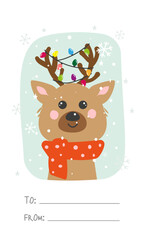 New Year's card greeting tag add to the package with a signature from the donor with a cute deer and a garland on the antlers