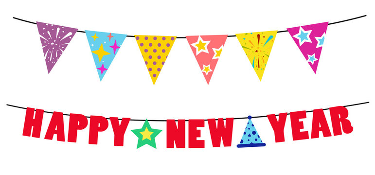 New Year text character Garland Decorations. Happy New Year decoration flags design, Vector Clip Art On White Background.