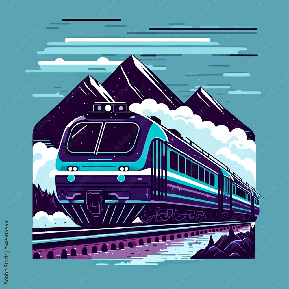 Canvas Prints editable vector illustration of a modern train with mountains and a cloudy sky in the background