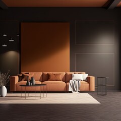 Living room lounge with black empty walls as background for art. Salon hall mockup space. Large sofa in terracotta brown color. Modern interior design in dark tone. Premium scene. 3d rendering High