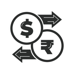  Vector illustration. Currency exchange. Money conversion. Rupee to dollar icon isolated on white background. Dollar to rupee exchange icon with arrow 