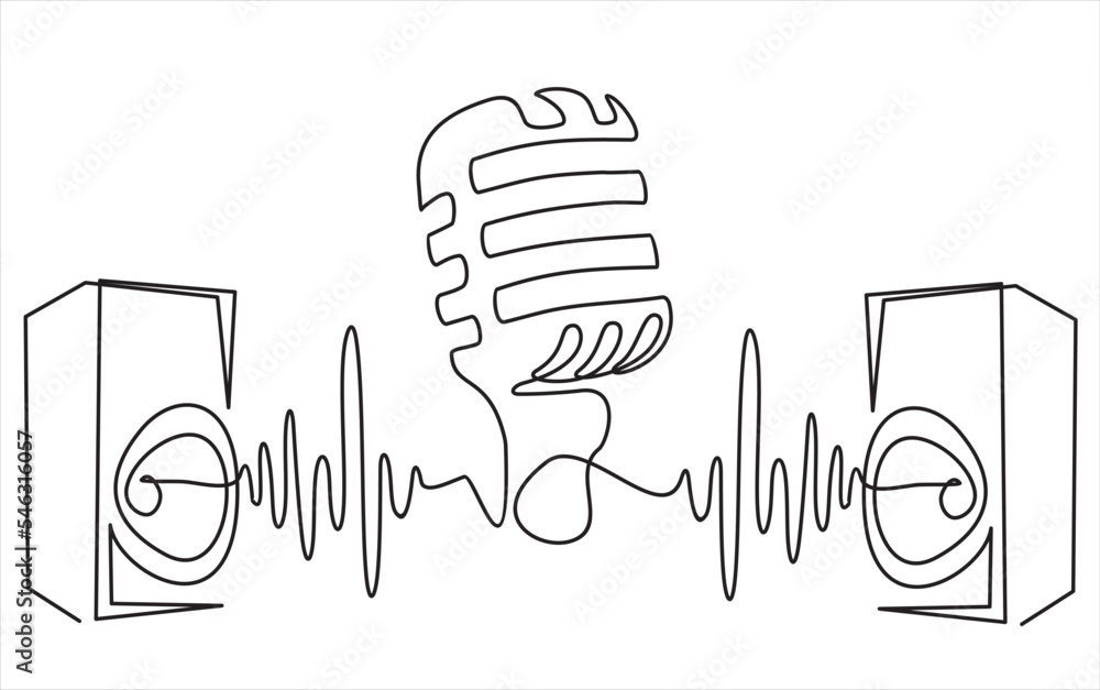 Poster continuous one line drawing of music column and retro microphone as line drawing on white background