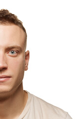 Obraz premium Half-face portrait of young man with shaved face and smooth perfect skin isolated over white studio background. Concept of men's health