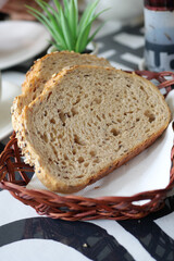 detail shot of whole grain baked bread on table 