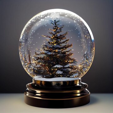 Hyper-realistic shot of a Christmas tree inside a snow globe