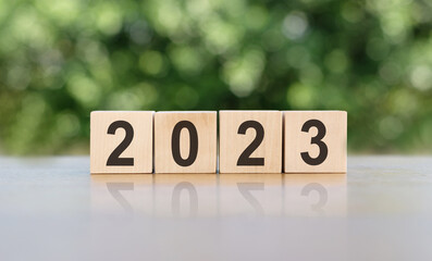 2023 year numbers on wood dices on green background.