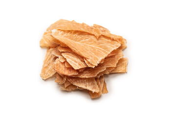 Group of tasty beer snacks. Dehydrated chicken meat slices.