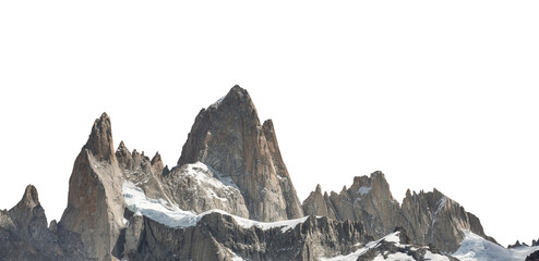 Mount Fitz Roy (ook bekend als Cerro Chaltén, Cerro Fitz Roy of Monte Fitz Roy) geïsoleerd op een witte achtergrond. Het is een berg in Patagonië, op de grens tussen Argentinië en Chili.