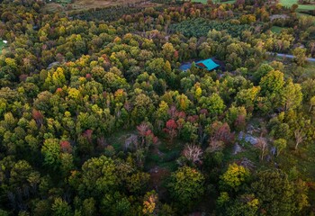 Aerial view of colorful autumn forests with a building in the middle at a distance