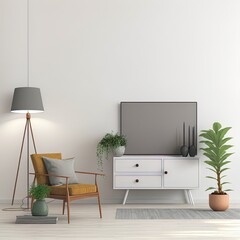 Living room interior with TV stand,chair,lamp,pot and plant on white wall background.Minimal style.3d rendering High quality illustration