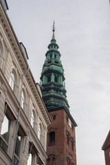 baroque brick stone belfry spire of a church  in Copenhagen