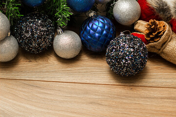 Silver and blue ornaments on the Christmas tree