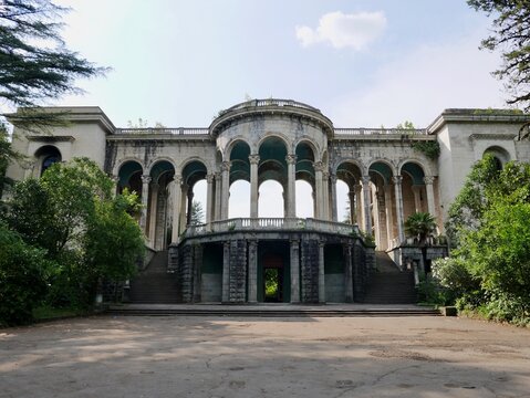 Facade of abandoned Soviet sanatorium Medea in Tskaltubo, Georgia.
