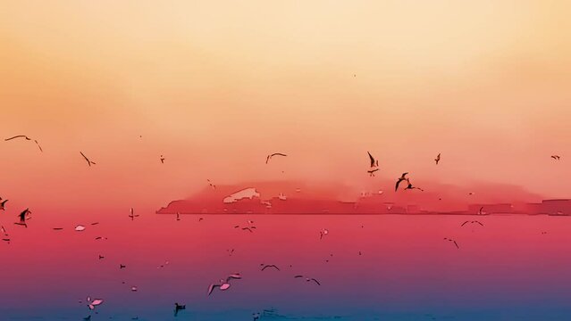 Cartoon Background Gulls on the Bay dusk