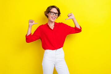 Photo of positive gorgeous cute woman with bob hairstyle wear red shirt fingers directing at herself isolated on yellow color background - obrazy, fototapety, plakaty