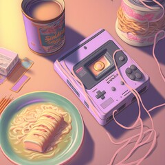 photo of ramen and gameboy console, walkman and casette tape.
