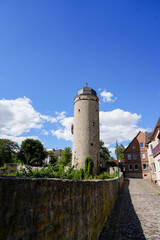 Sackturm in Warburg. Historical sight at the old city gate. Medieval watchtower.
