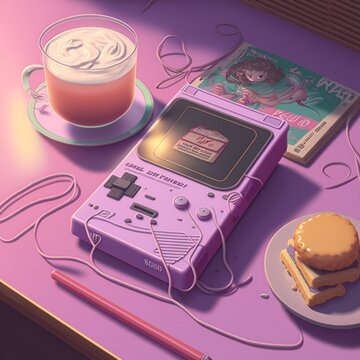 photo of ramen and gameboy console, walkman and casette tape.
