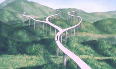 Concept art of surreal road, way, lost, life and endless. conceptual 3d illustration. mysteryof building in nature landscape. painting artwork. 