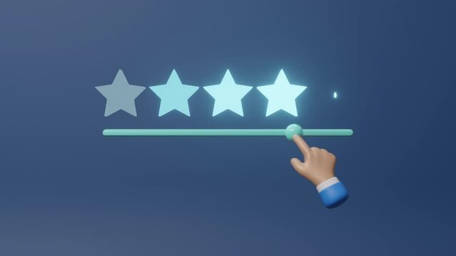 Customer hand review feedback five star rating service. 3d hand press level excellent rank for giving best score point to review the service, satisfaction 5 score. technology business. 3d animation