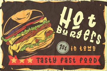 Big old vintage poster with a burger. Diner poster. Vintage poster.