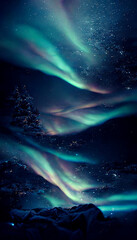 enchanting christmas background, winter night and northern lights, digital illustration, created with generative ai