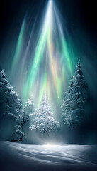 gorgeus winter christmas tree illuminated by northern lights, digital illustration, created with generative ai