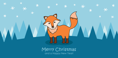 christmas greeting card with cute fox on snowy winter landscape