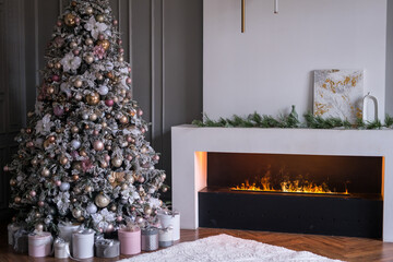 Living room with decorated Christmas tree, gifts and fireplace 