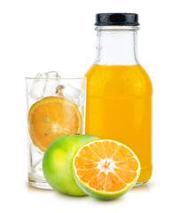 orange fruit and orange juice in bottle white glass and ice isolated on white background