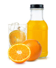 orange fruit and orange juice in bottle white glass and ice isolated on white background