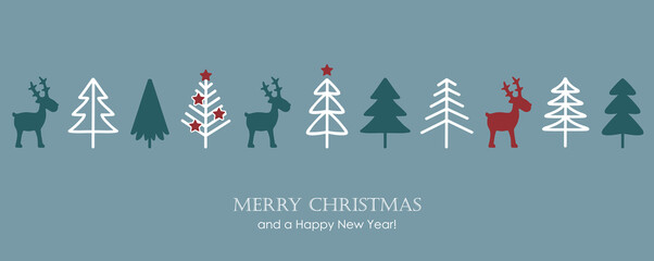 blue christmas greeting banner with deer fir tree and snowflake decoration © krissikunterbunt