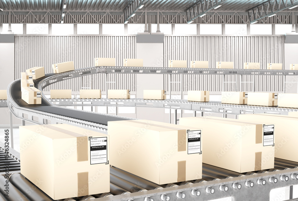 Poster production line. boxes on conveyor. automated factory. multi-level conveyor inside hangar. cardboard