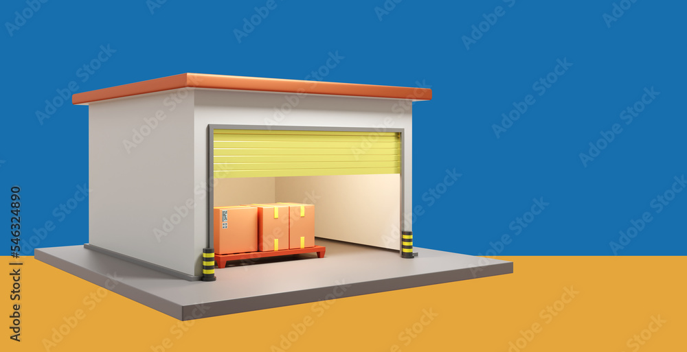 Poster storage unit. boxes inside small building. miniature warehouse with open gates. parcels on pallet. s