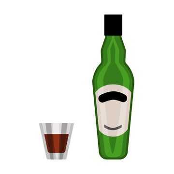 Beer flat vector illustration. Alcohol bottle with glass cartoon illustration. Alcoholic drinks, beverage concept