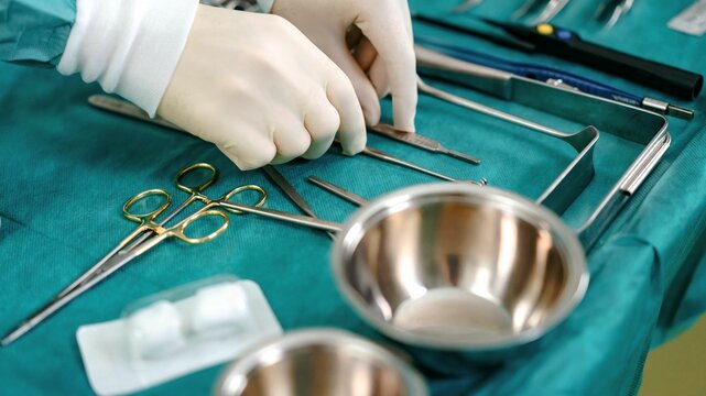 A doctor with gloves using surgical instruments before the surgery starts