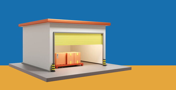 Storage Unit. Boxes Inside Small Building. Miniature Warehouse With Open Gates. Parcels On Pallet. Storage Unit For Safekeeping. Concept Of Renting Storage Unit. Warehouse Business. 3d Rendering.