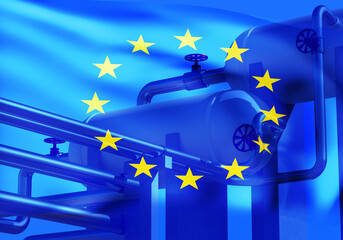 Gas industry of European Union. Equipment for LNG. Liquefied gas supplies to European Union. European alliance flag near gas pipes. LNG tanks with EU. LNG supply concept for industry. 3d rendering. - obrazy, fototapety, plakaty